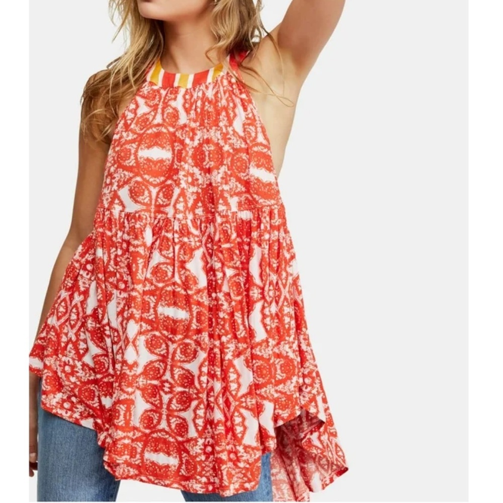 NEW Free People Womens Orange Printed Sleeveless Halter Tank Top Sz L Boho Artsy